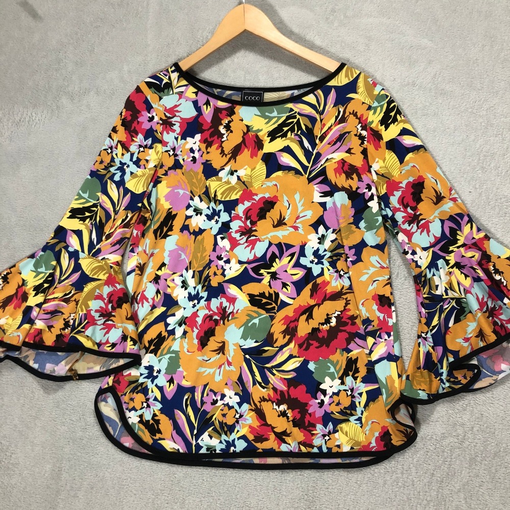 Coco Bianco Floral Print Blouse Bell Sleeve Top Colorful Women's Size M